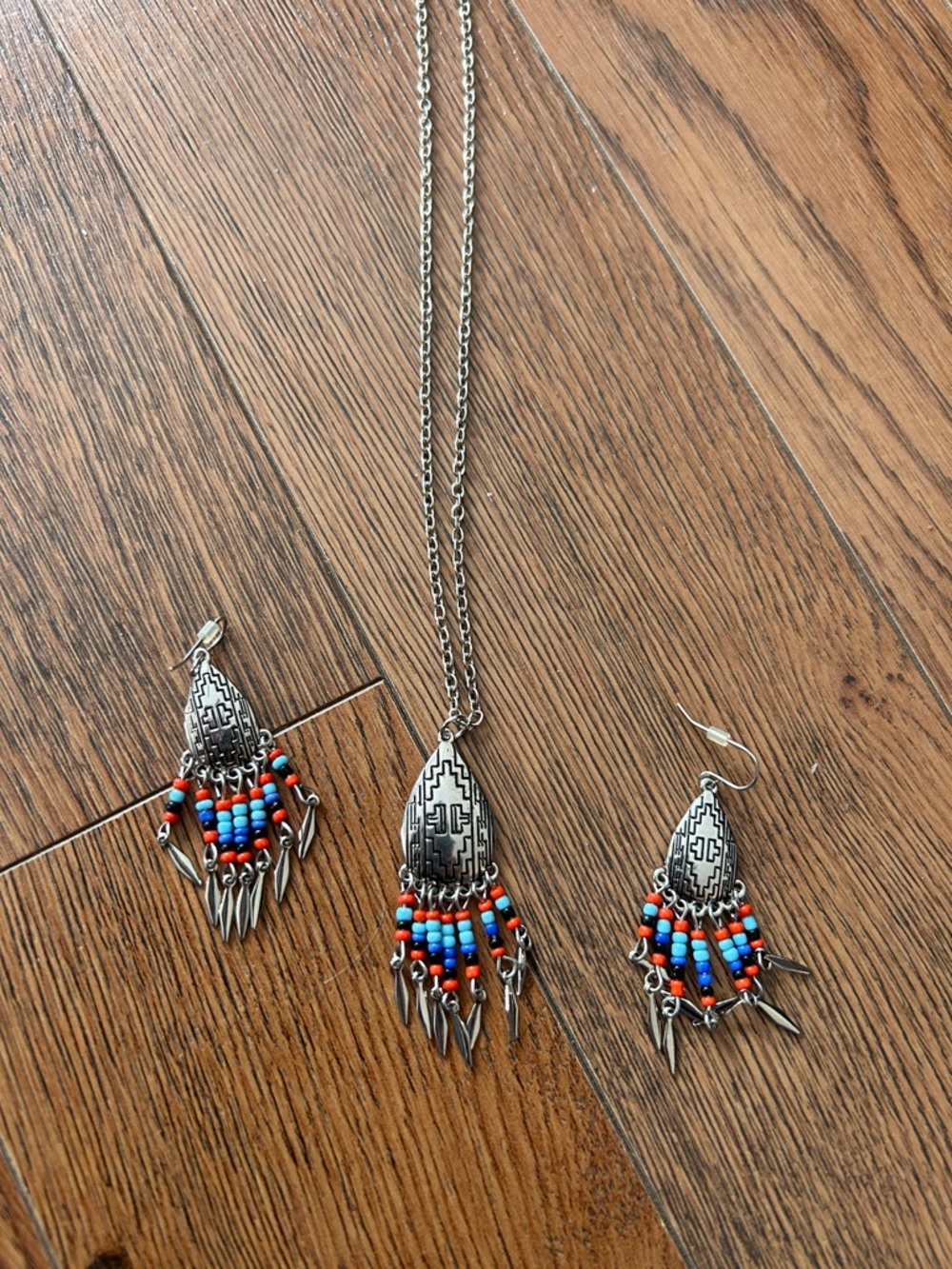 Bohemian Silver-Tone Necklace and Earring Set with Red & Blue Beads